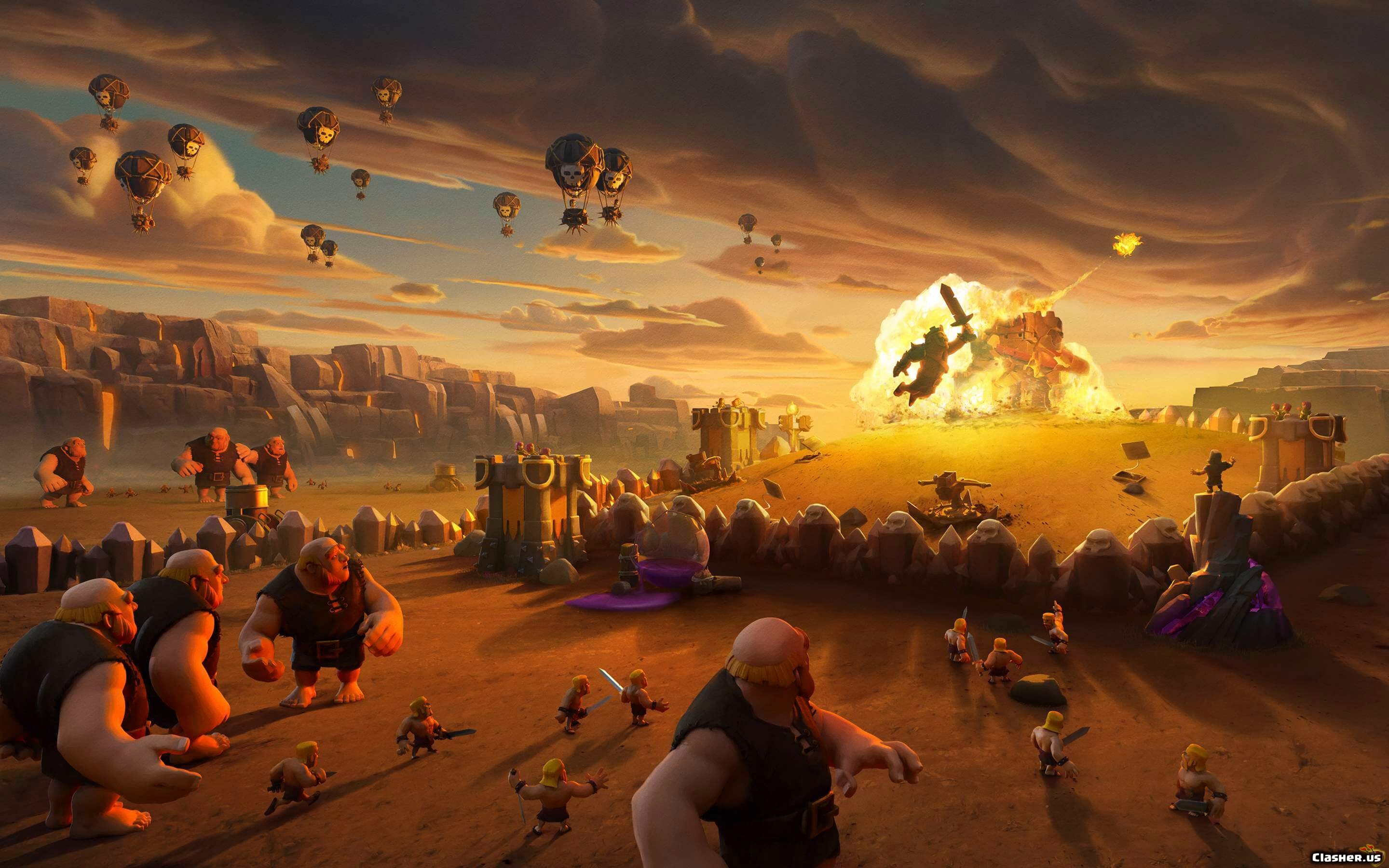 Giant , Balloon, Barbarian King fire Clash of Clans