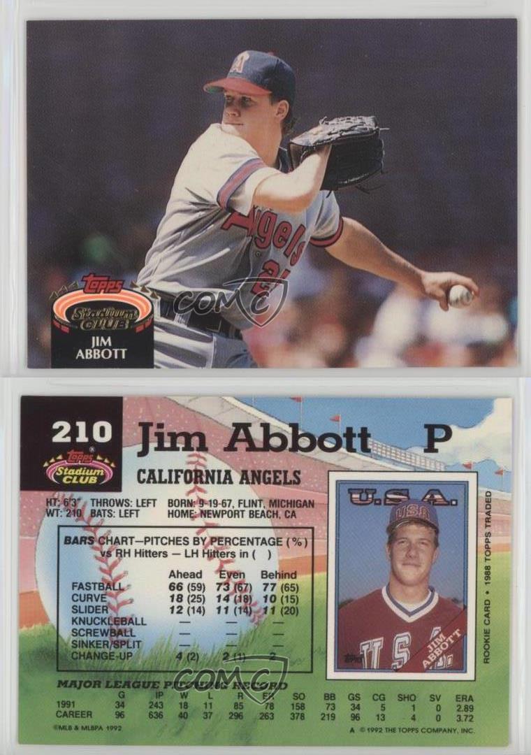 1992 Topps Stadium Club 210 Jim Abbott Los Angeles Angels Baseball Card eBay