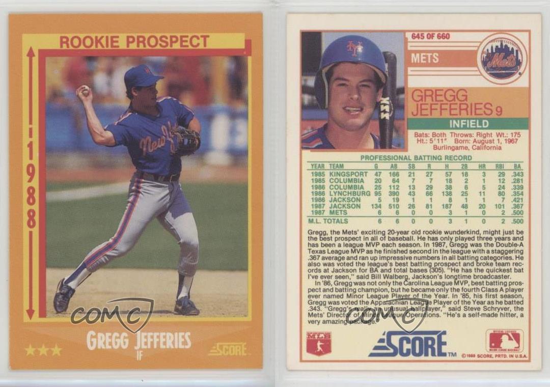 1988 Score 645 Gregg Jefferies New York Mets RC Rookie Baseball Card eBay