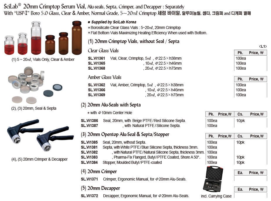 SciLab® 20mm Crimptop Serum Vial, Aluseals, Septa, Crimper, and Decapper SeparatelyWith “USP