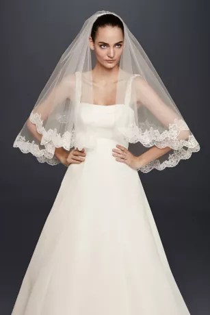 Fingertip Veil with Pearl Embellished Alencon Lace David's Bridal
