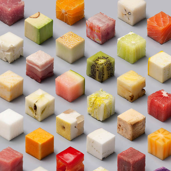 Cube Food A Variety of Raw Foods Cut into 98 Perfect Cubes Design Swan