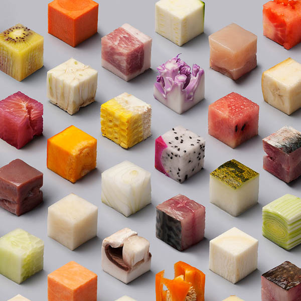 Cube Food A Variety of Raw Foods Cut into 98 Perfect Cubes Design Swan