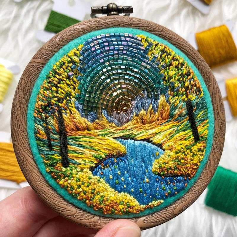 Beautiful Beaded Embroidery Landscape Design Swan