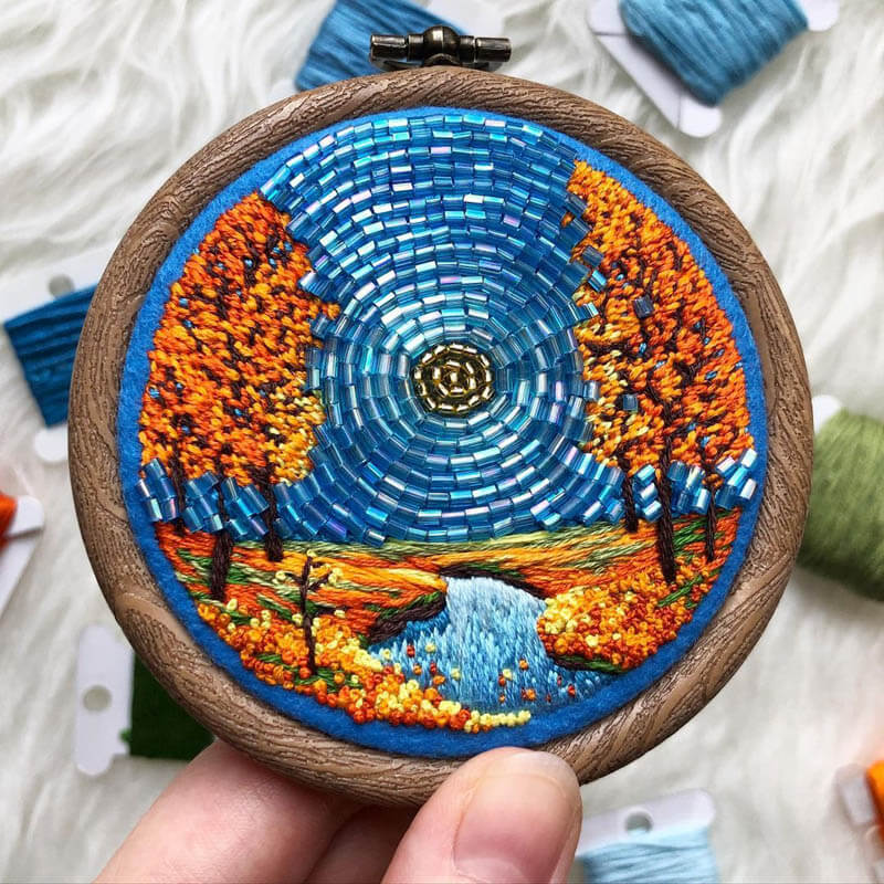 Beautiful Beaded Embroidery Landscape Design Swan