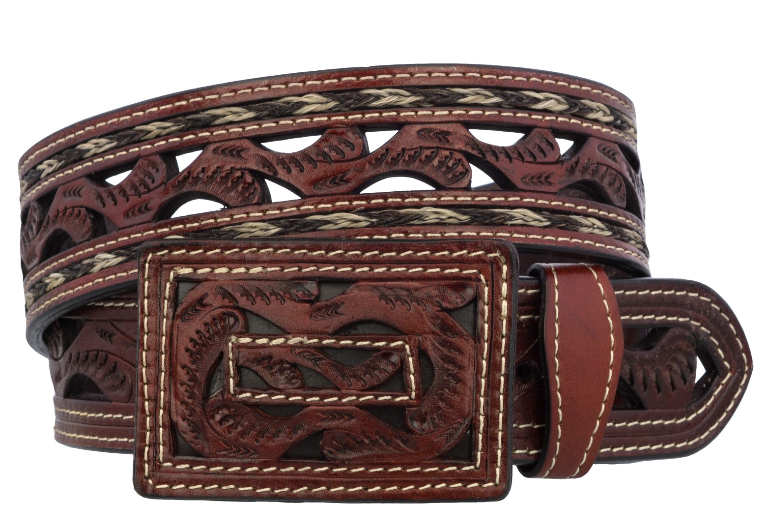Mens Black Tooled Braided Western Belt Cowboy Rodeo Real Leather Cinto