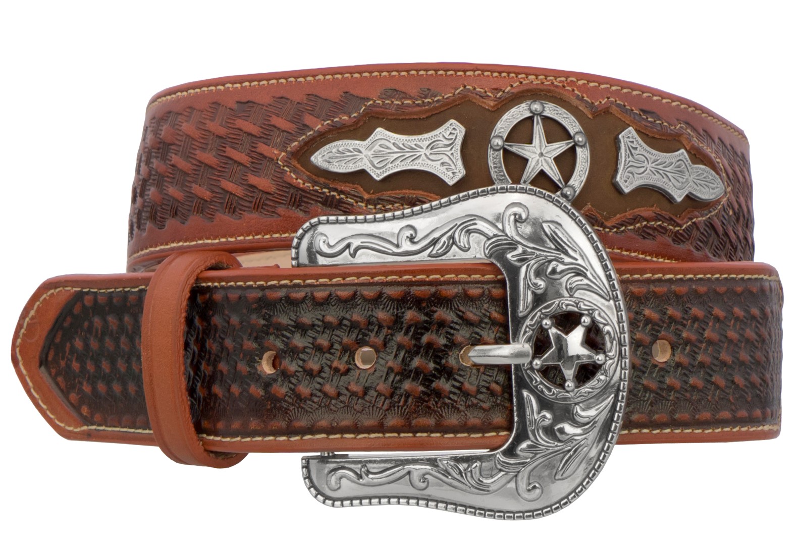 Mens Cognac Western Cowboy Belt Ranger Star Tooled Real Leather Honey
