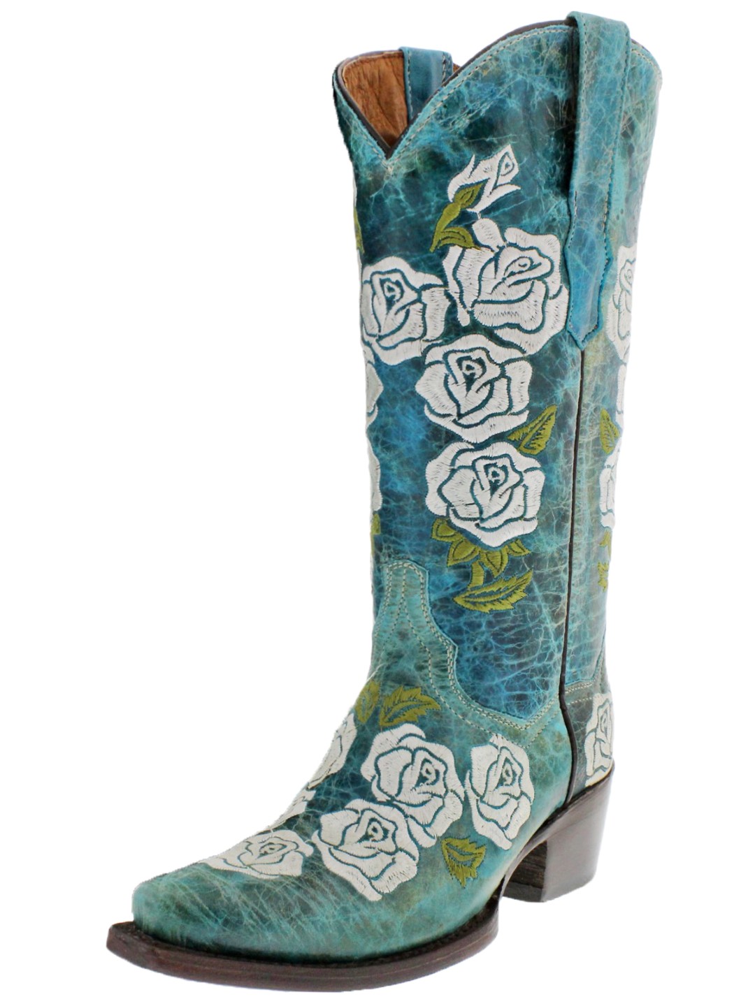 Womens distressed turquoise western leather cowboy cowgirl boots roses snip toe