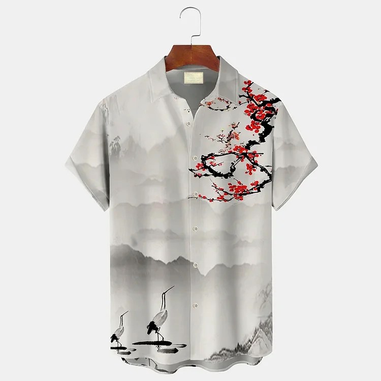 Vacation Hawaiian Retro Plum Blossom Pattern Printed ShortSleeved Shirt