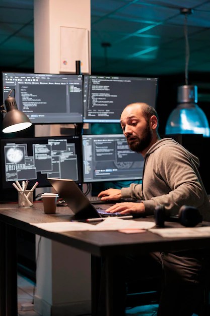 Premium Photo Software engineer writing code on multiple screens