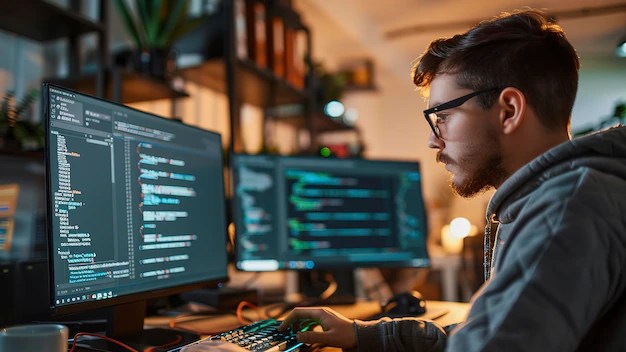 Young programmer is programming at the office programmer at the work