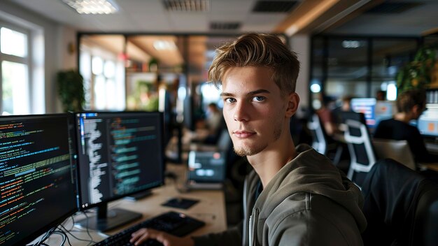 Young programmer is programming at the office programmer at the work