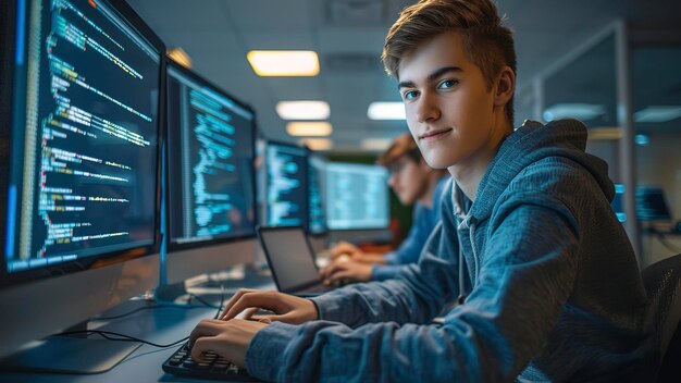 Young programmer is programming at the office programmer at the work