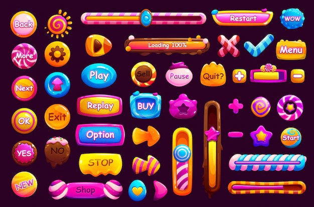 Premium Vector Game candy interface buttons and window frame and