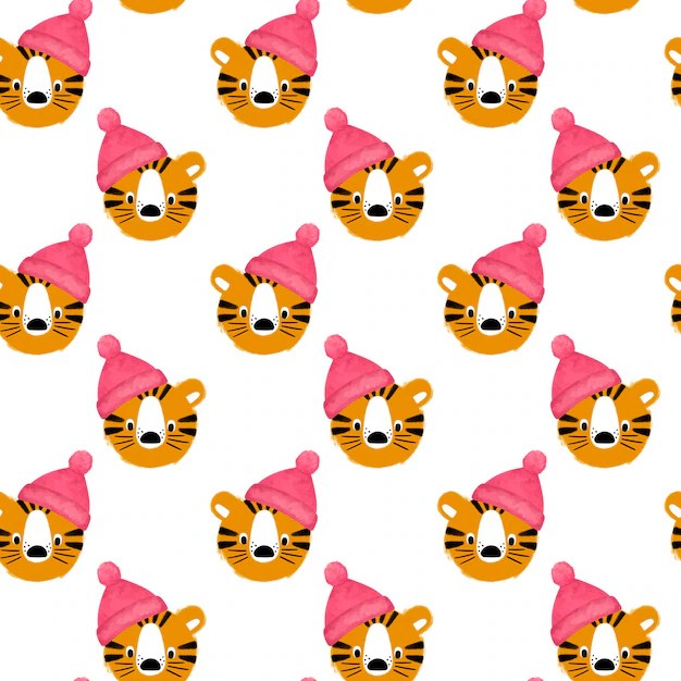 Premium Vector Tiger head in winter hat repeat background pattern