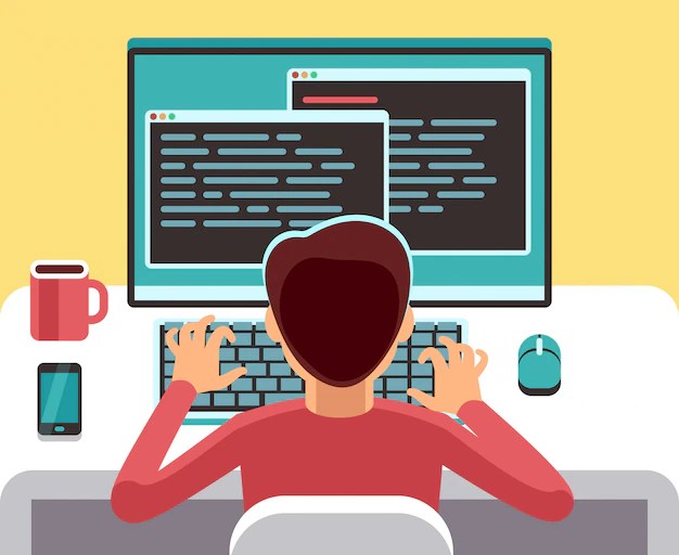Premium Vector Young man programmer working on computer with code on