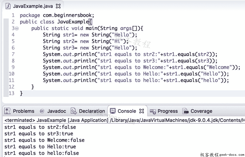Java String equals和equalsIgnoreCase方法极客教程