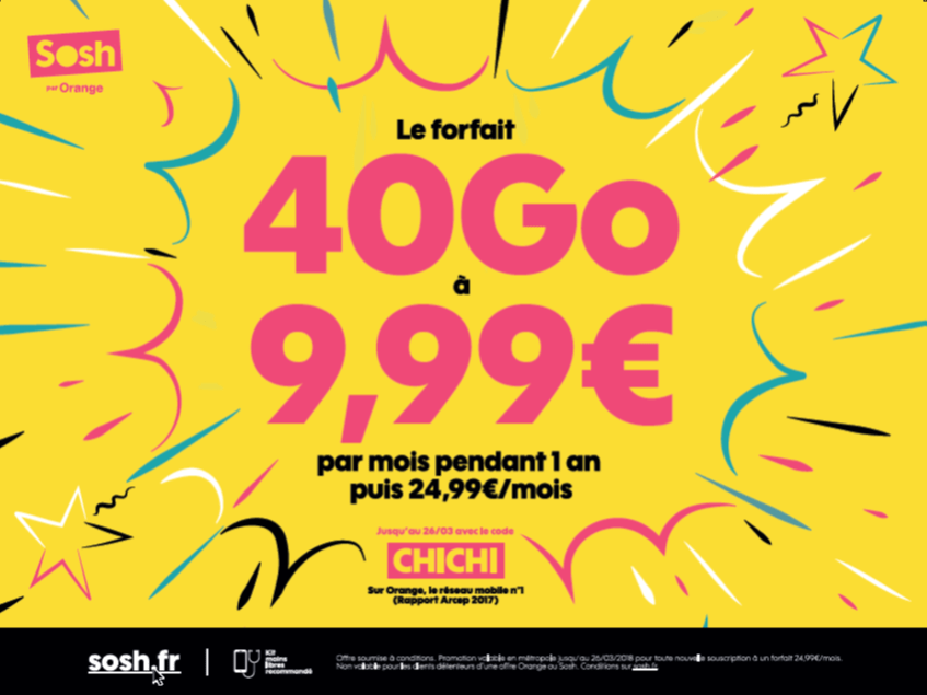 Carte Couverture Sosh Sosh le grand forfait 40 Go à 9,99 € / mois sur douze mois pour les