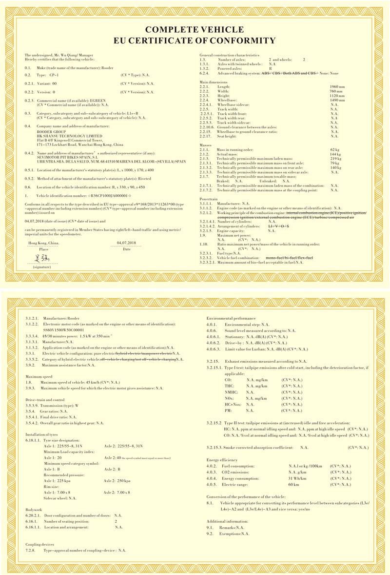Rooder citycoco EEC & COC approval come out with VIN number