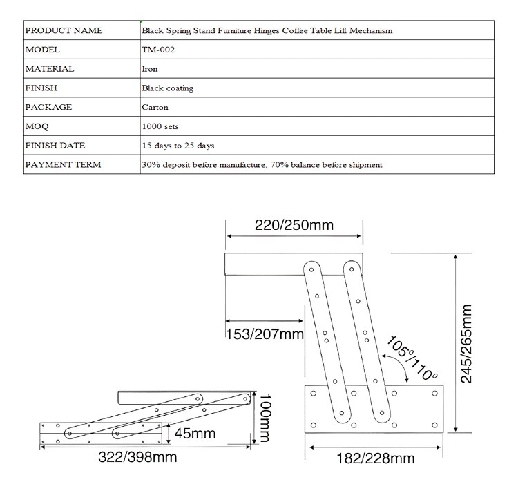 Black Spring Rack Furniture Hinged Coffee Table Lift Mechanism