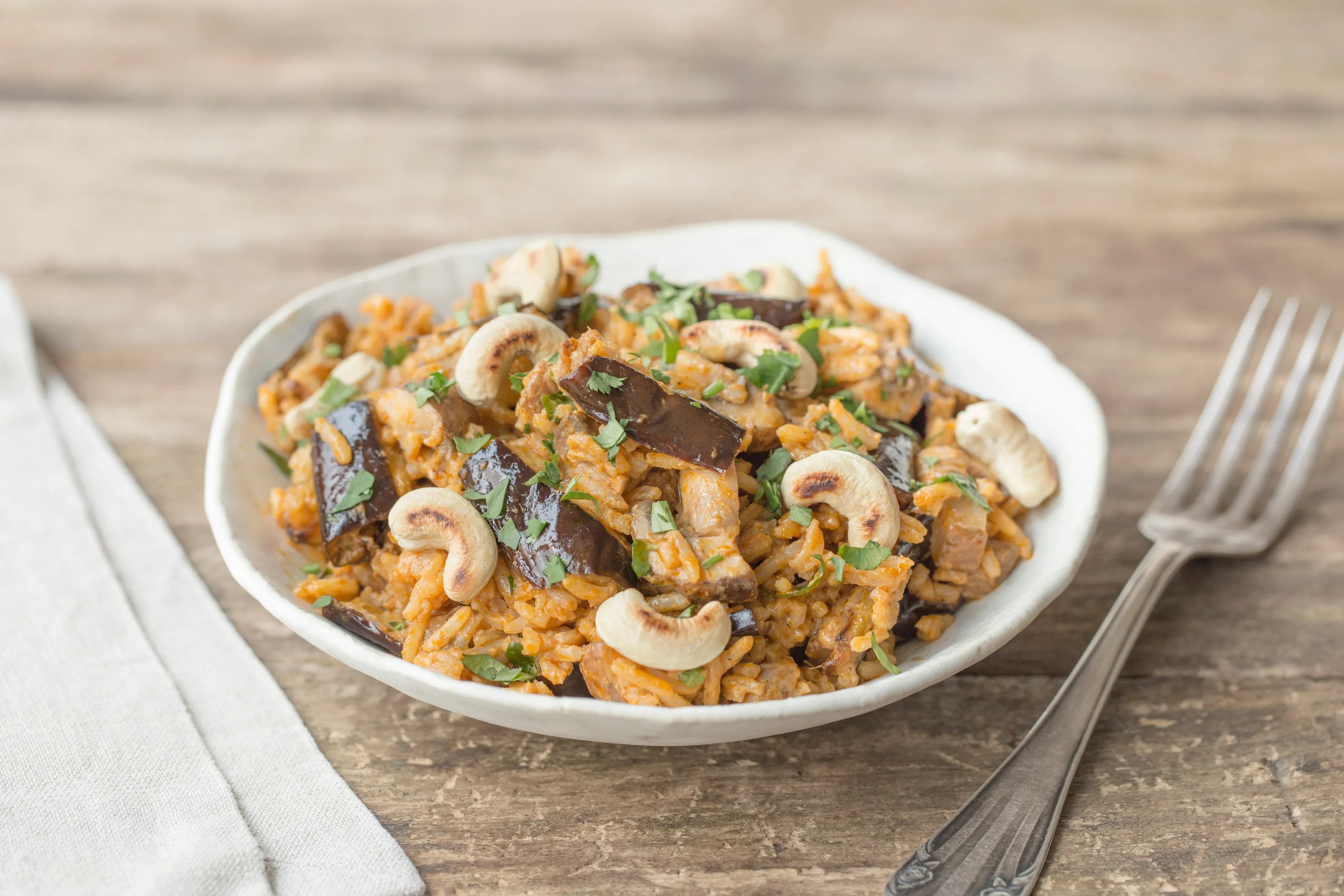 Curried Thai Rice Bowl with Roasted Eggplant, Mushrooms, and Toasted