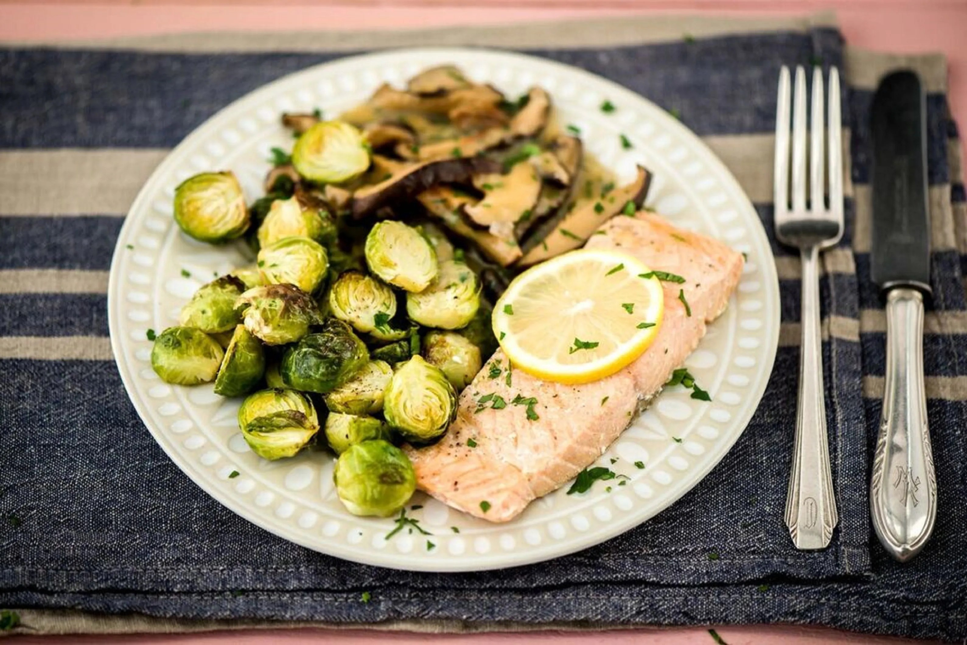 Trout en Papillote with Roasted Brussels Sprouts and Shiitake Mushroom