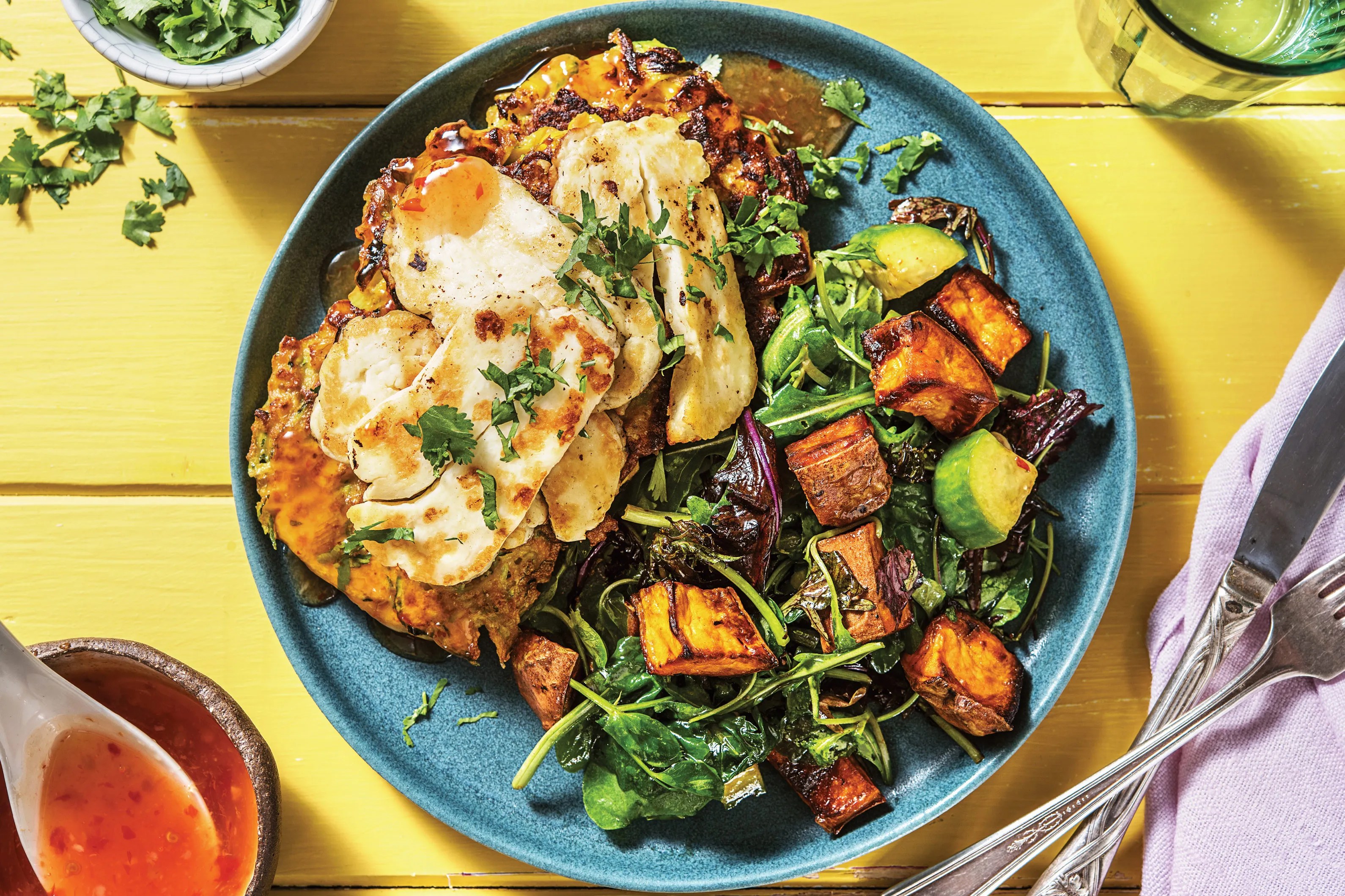 SweetcornZucchini Fritter & Haloumi Stack Recipe HelloFresh