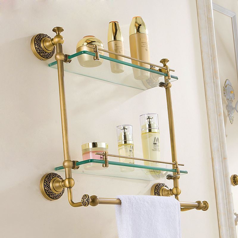 European Brass Bathroom Shelf Bathroom Accessories Copper Art Double Layers