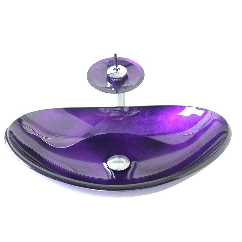 Faucets Sink and Faucet Sets Modern Fashion Oval Purple Tempered Glass Vessel Sink With