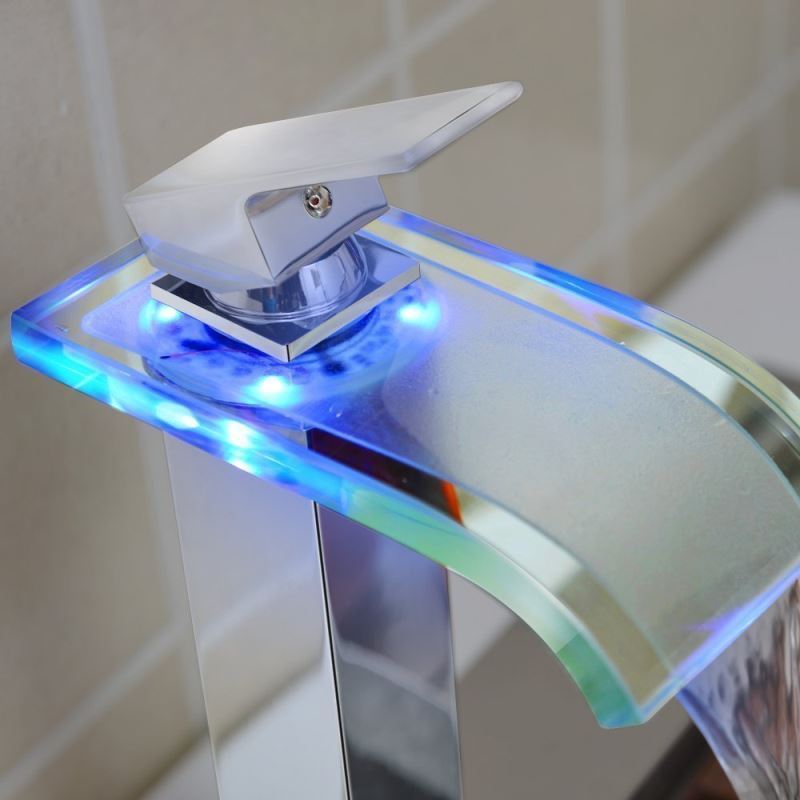 Led Waterfall Bathroom Sink faucet Glass Chrome Bathroom LED Color