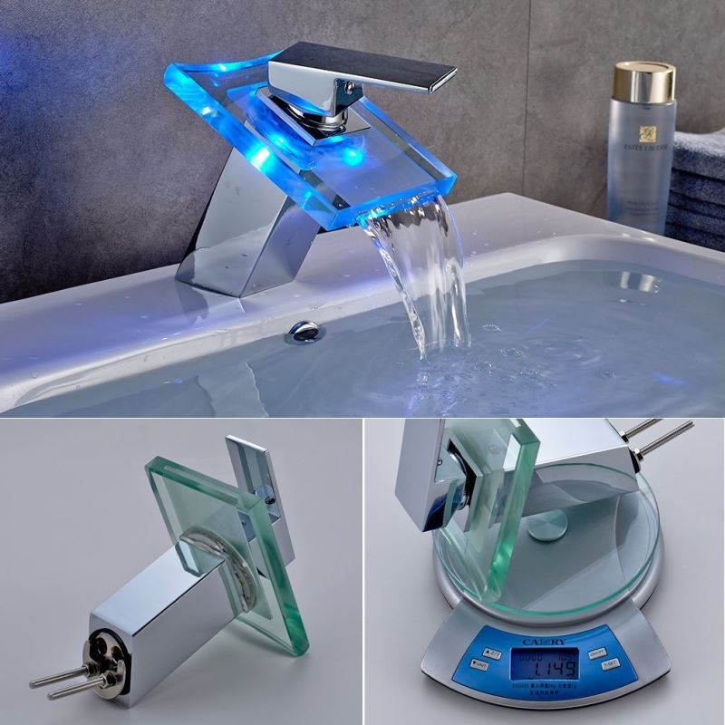 Single Glass Color Changing LED Waterfall Faucet Bathroom Sink Mixer