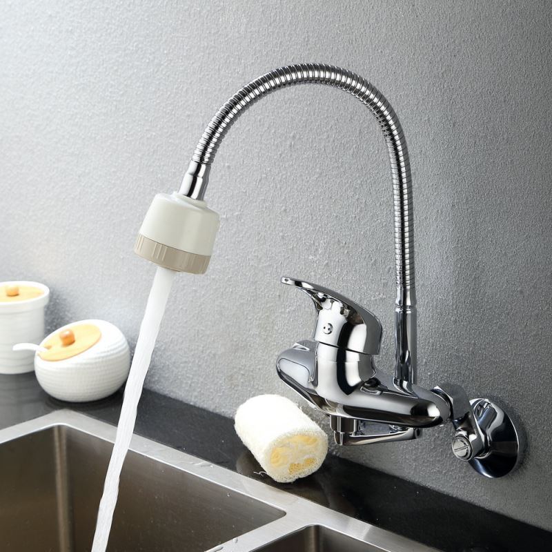 (In Stock) Chrome Finish Brass Kitchen Faucet with Flexible Spout (Wall