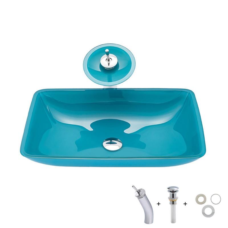 Blue Bathroom Sink and Faucet Set Tempered Glass Square Basin Waterfall