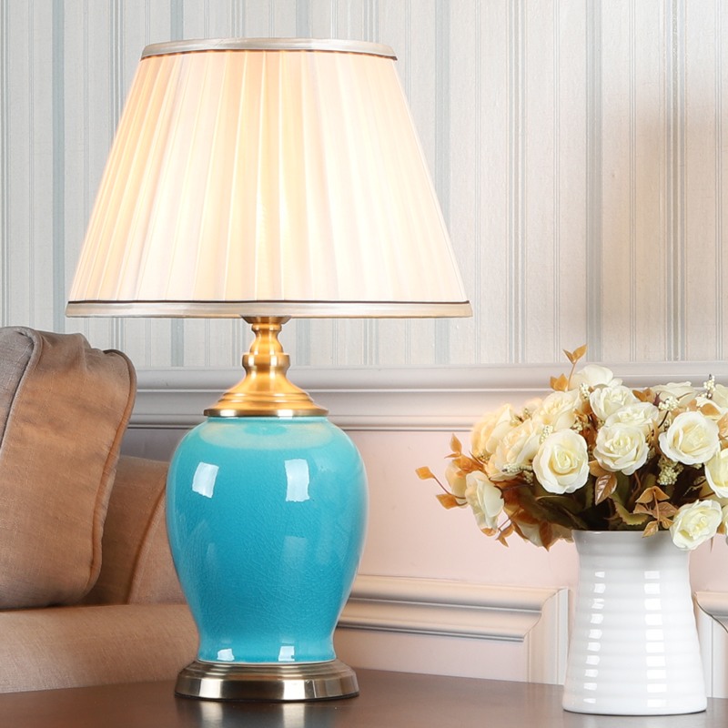 Middle Century Teal Table Lamp with Ceramic Base Living Room HY120