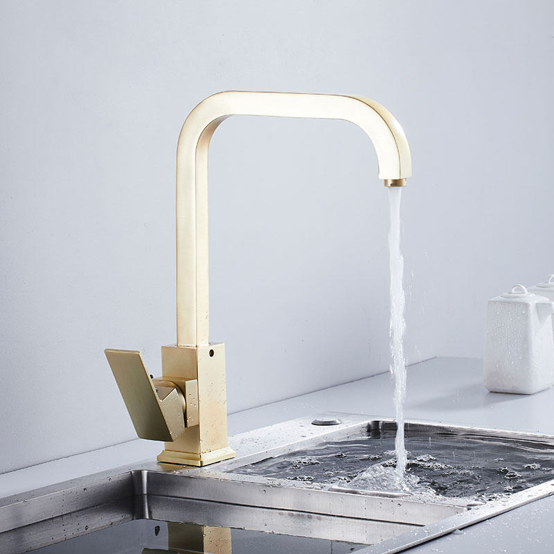 Square Swivel Kitchen Sink Faucet Mild Luxury Gold Brass Tap