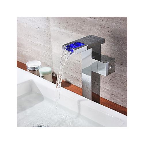Chrome Single Color Changing LED Waterfall Bathroom Sink Faucet Tall