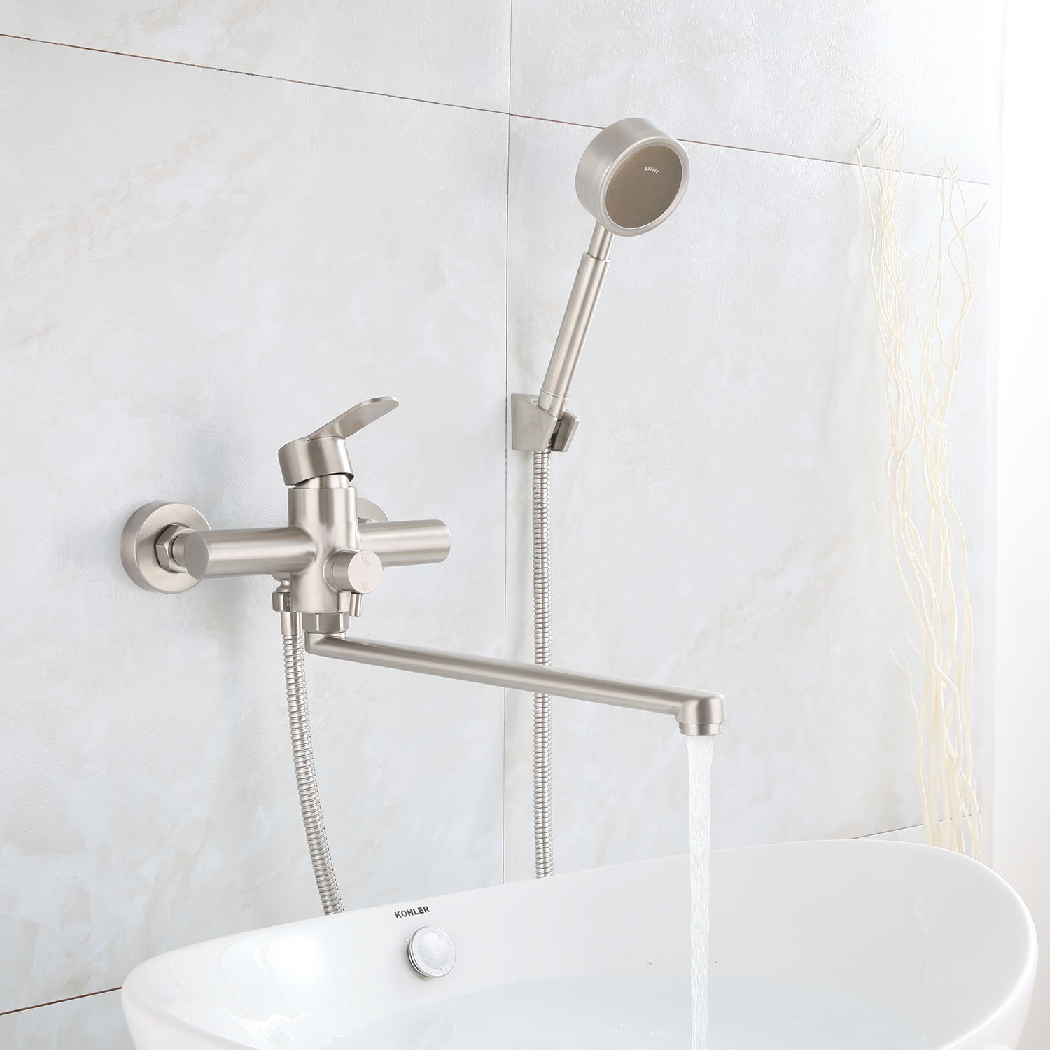 Brushed Stainless Steel Bathtub Faucet Wall Mounted Supercharged
