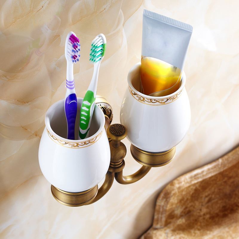 Double Toothbrush Holder European Vintage Bathroom Accessories Antique Brass