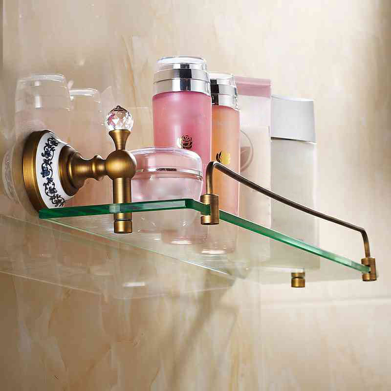European Vintage Bathroom Accessories Antique Brass Glass Shelf Bath Shelf