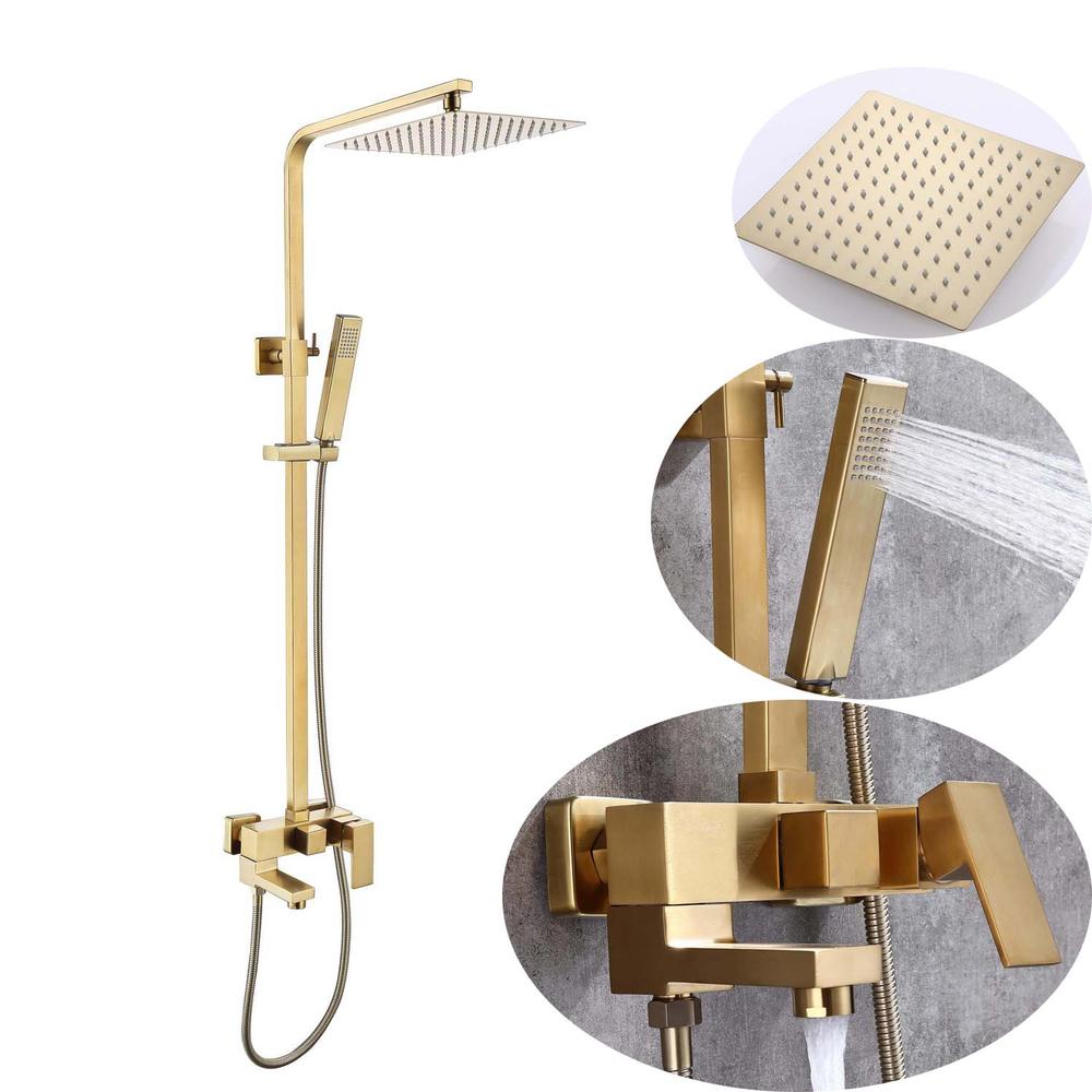 Brushed Gold Shower Faucet Set 9 Inch Rain Shower Head Bathroom Shower