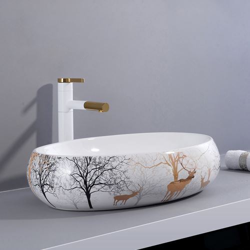 Oval Bathroom Ceramic Wash Basin Forest Deer Bathroom Sink