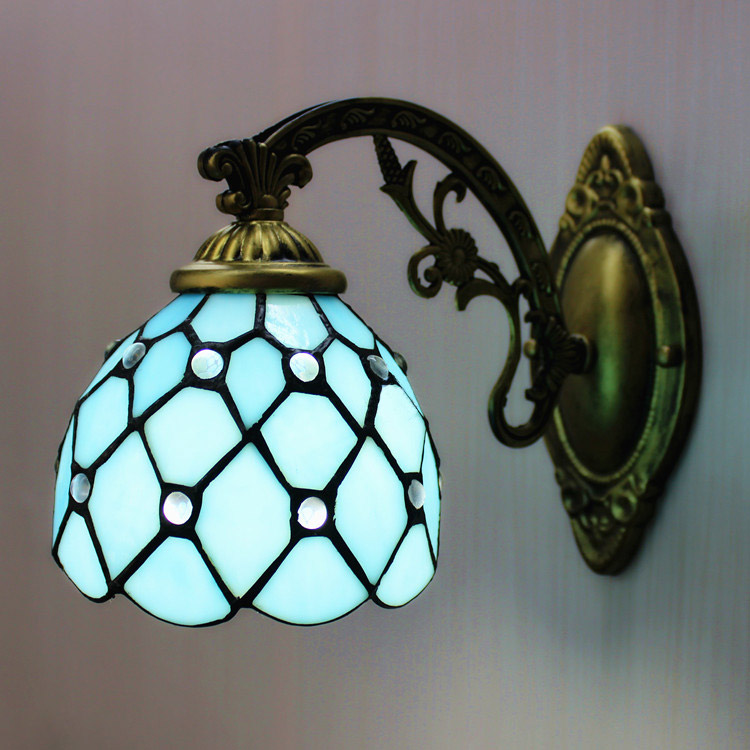 Bronze Armed Blue Stained Glass Onelight Wall Sconce