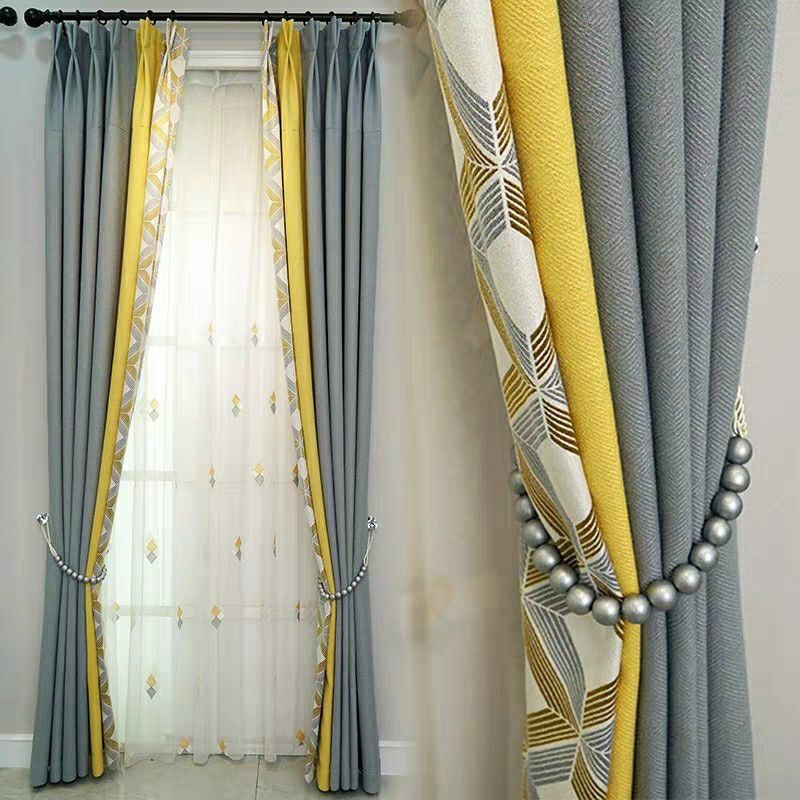Modern Splicing Blackout Curtains Yellow Grey Stitch Window Drapes For