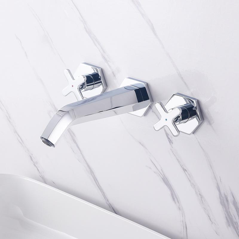 Bathroom Sink Faucet Wall Mounted Dual Cross Handles Vanity Sink Mixer Tap