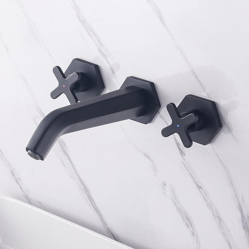 Bathroom Sink Faucet Wall Mounted Dual Cross Handles Vanity Sink Mixer Tap