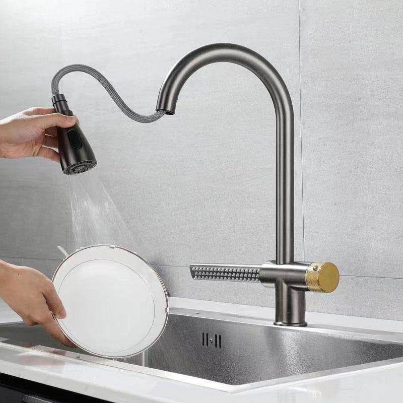PullOut Kitchen Faucet Three Functions Spray Head Tap Stainless Steel