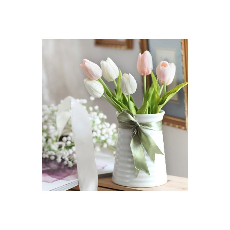 Tulip Silk Flowers, Small Spiral Ceramic Flower Vase Arrangement