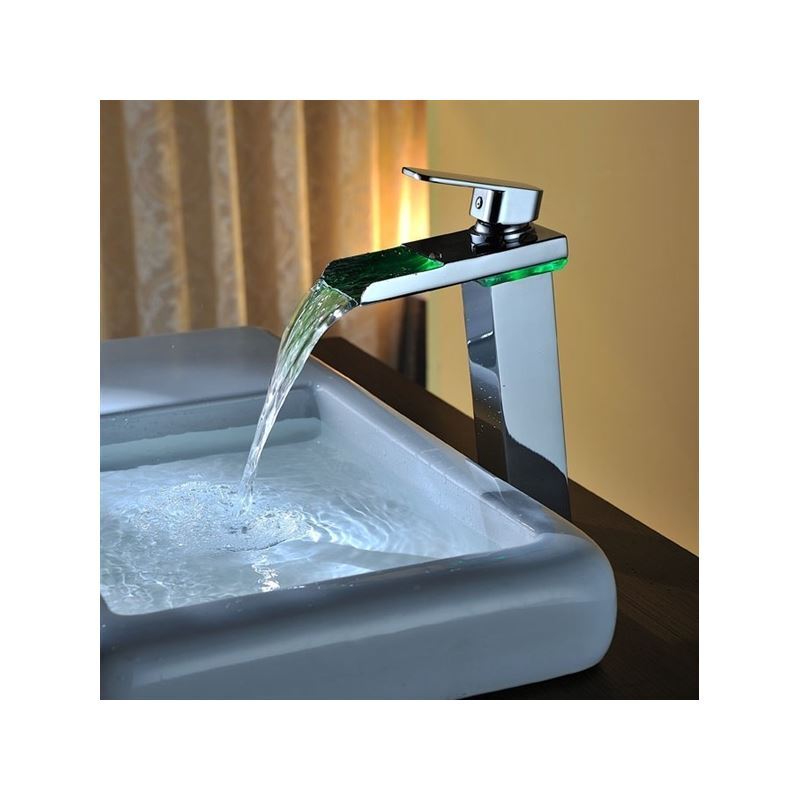 Temperature Sensitive Basin Faucet Chrome Centerset LED Waterfall