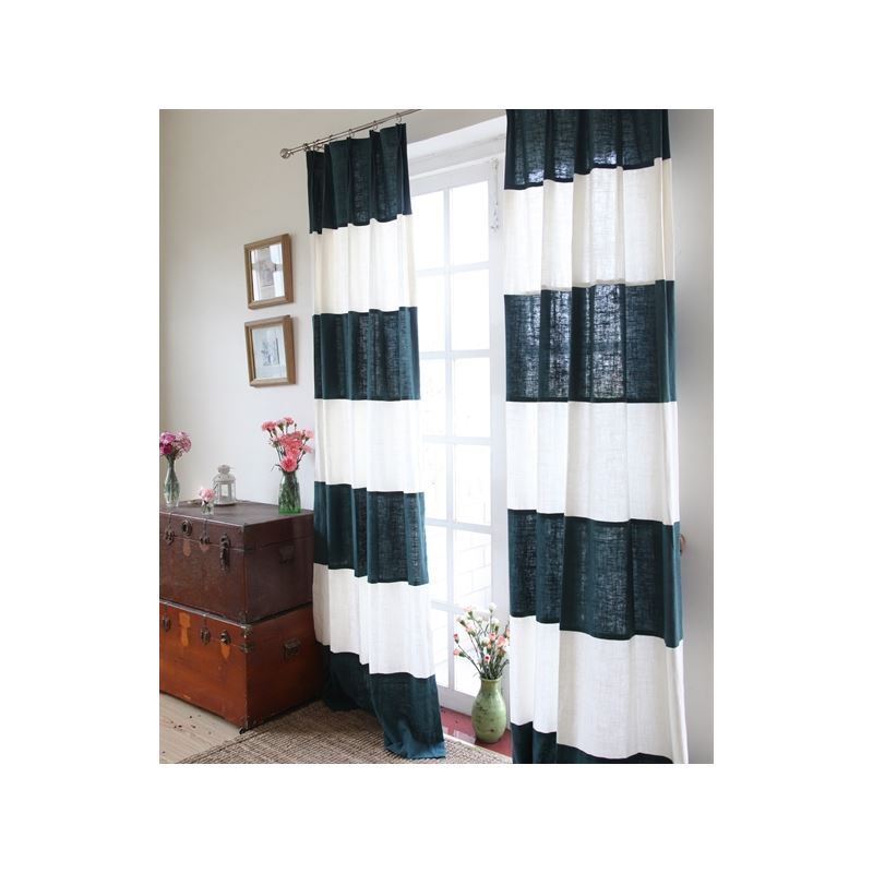 Blue and White Curtains Stripe Linen Curtain Energy Saving Modern