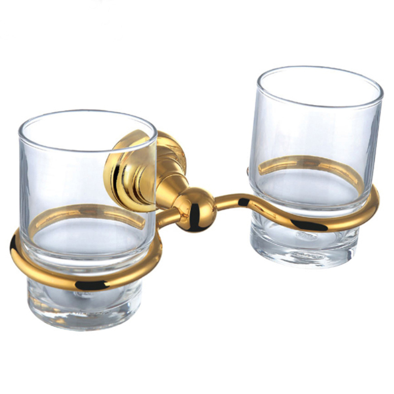 Contemporary Wall Mounted Golden Double Toothbrush Cup Brass Toothbrush